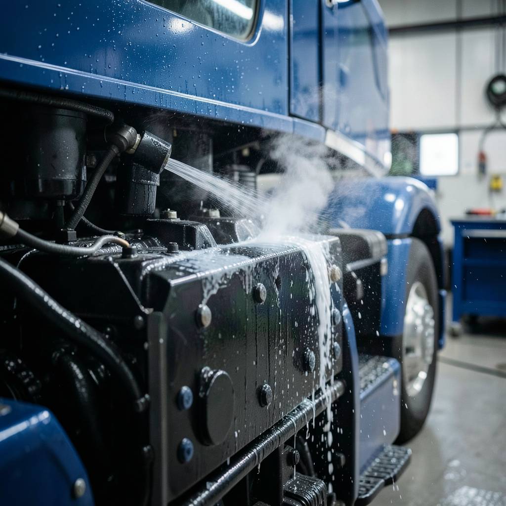 Close-up of a heavy truck engine being cleaned with high pressure water and light steam, visible water droplets, professional industrial service workshop