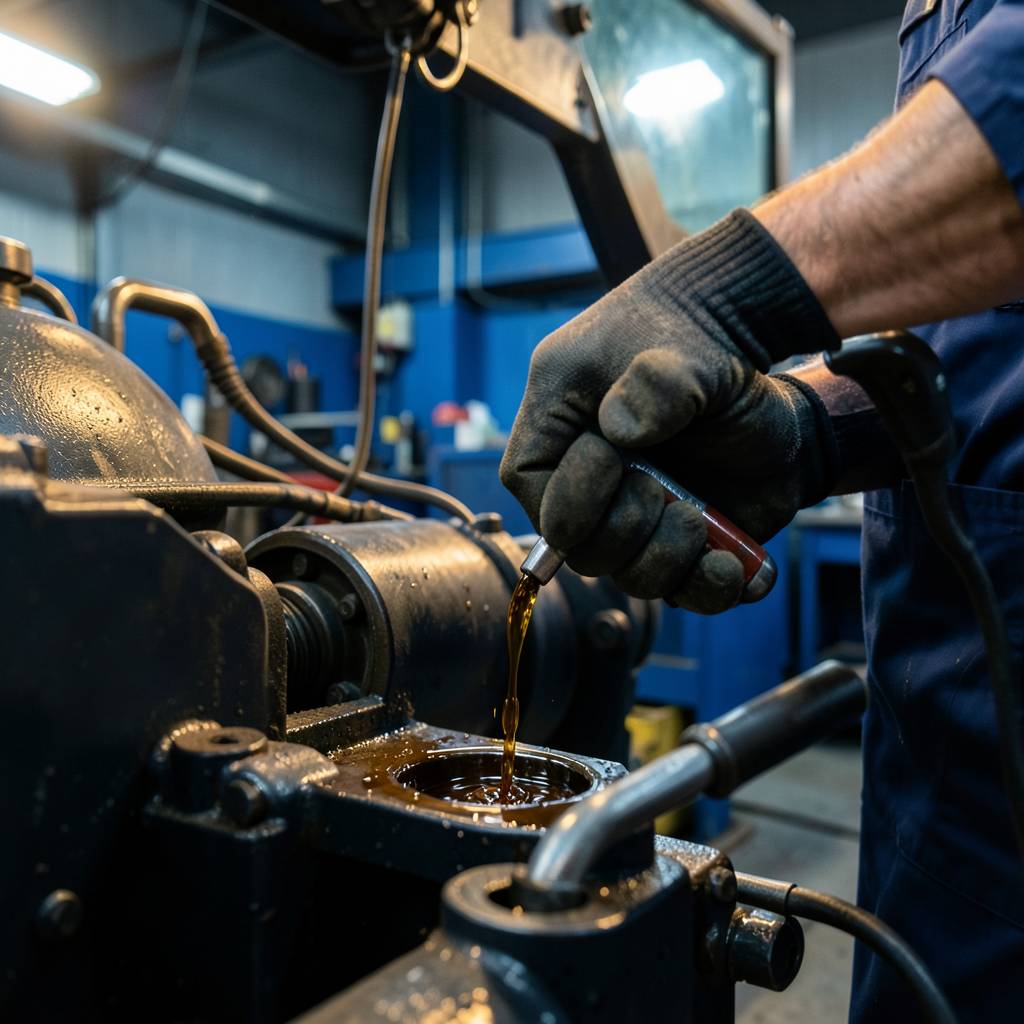 Realistic professional photograph of a mechanic changing oil on a large heavy machinery vehicle in an industrial workshop, focus on gloved hands, tools and controlled oil flow